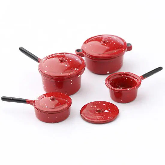 NEW Dollhouse Miniatures:  Red Enamelware Pots and Pan Set