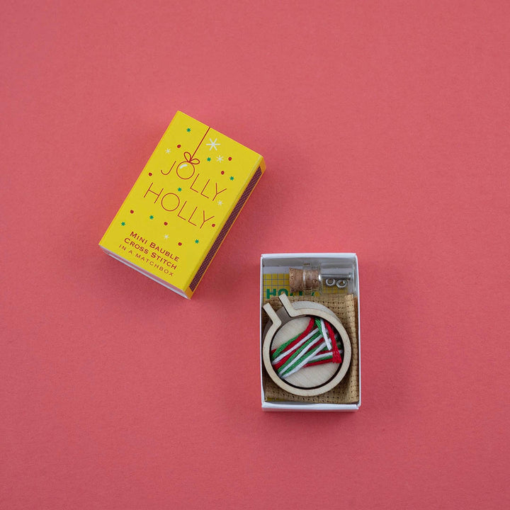 Christmas Bauble Jolly Holly Cross Stitch Hoop In A Matchbox