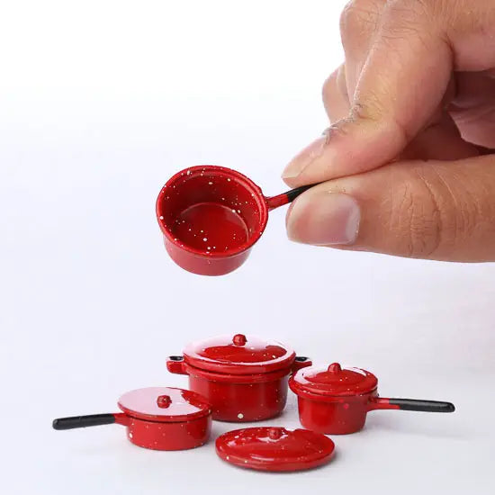 NEW Dollhouse Miniatures:  Red Enamelware Pots and Pan Set