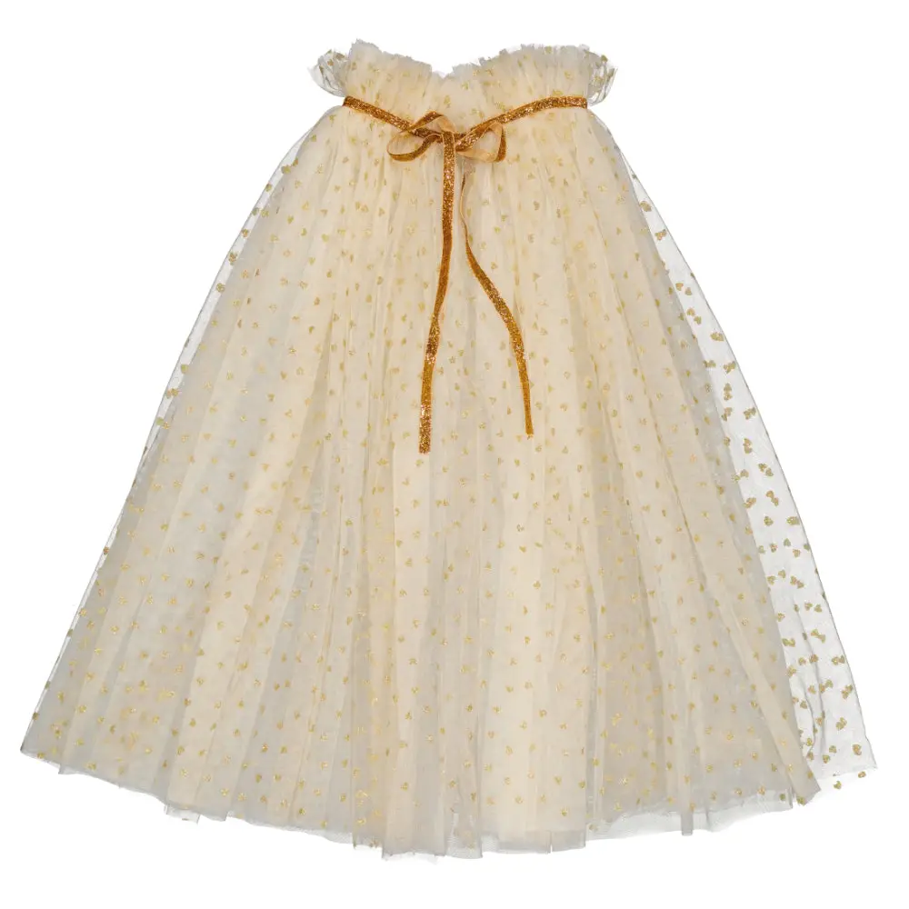 NEW French Glitter Tulle Princess Cloak Cape- Cream with Gold Hearts