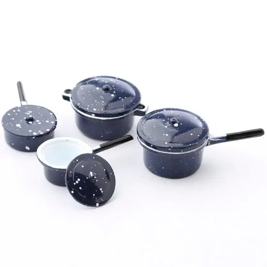 Dollhouse Miniatures: Blue Enamel Pots and Pans Set