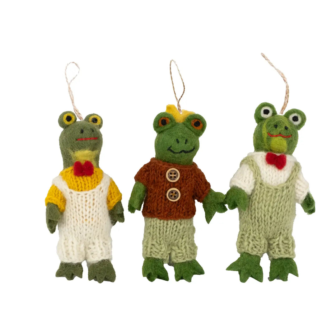 Handmade Frog Felt Ornaments with Knit Clothing- Available in 3 Styles - 3"