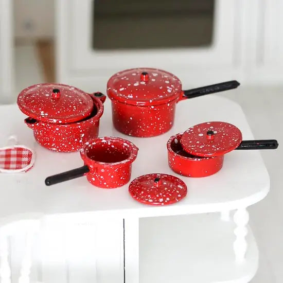NEW Dollhouse Miniatures:  Red Enamelware Pots and Pan Set