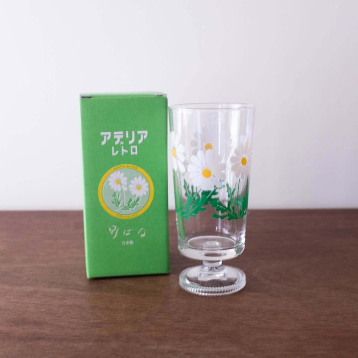 Retro Glass Tumbler Cup White Flower
