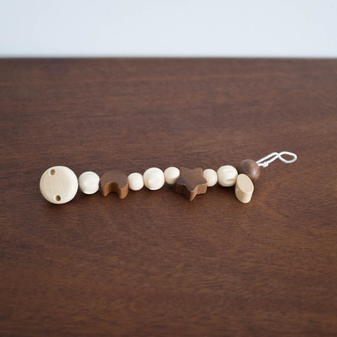 Wooden Beaded Soother Teether Clip- Moon and Stars