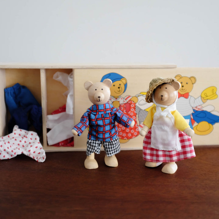 Wooden Dress Up Bear Doll Set - Wardrobe and Bears