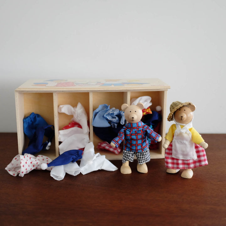 Wooden Dress Up Bear Doll Set - Wardrobe and Bears