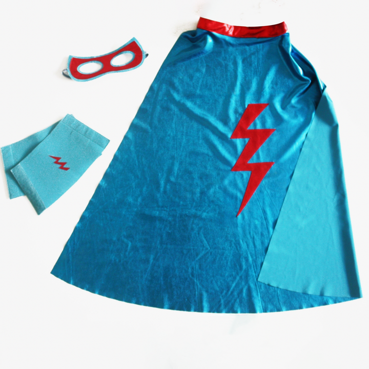 NEW Superhero costume set blue cape+mask+cuffs