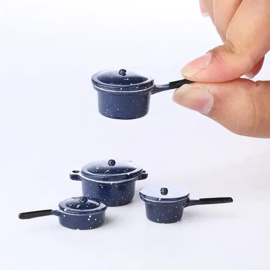 Dollhouse Miniatures: Blue Enamel Pots and Pans Set