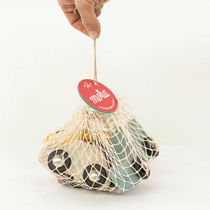 Handmade Wooden Iconic Cars Set with Mesh Bag