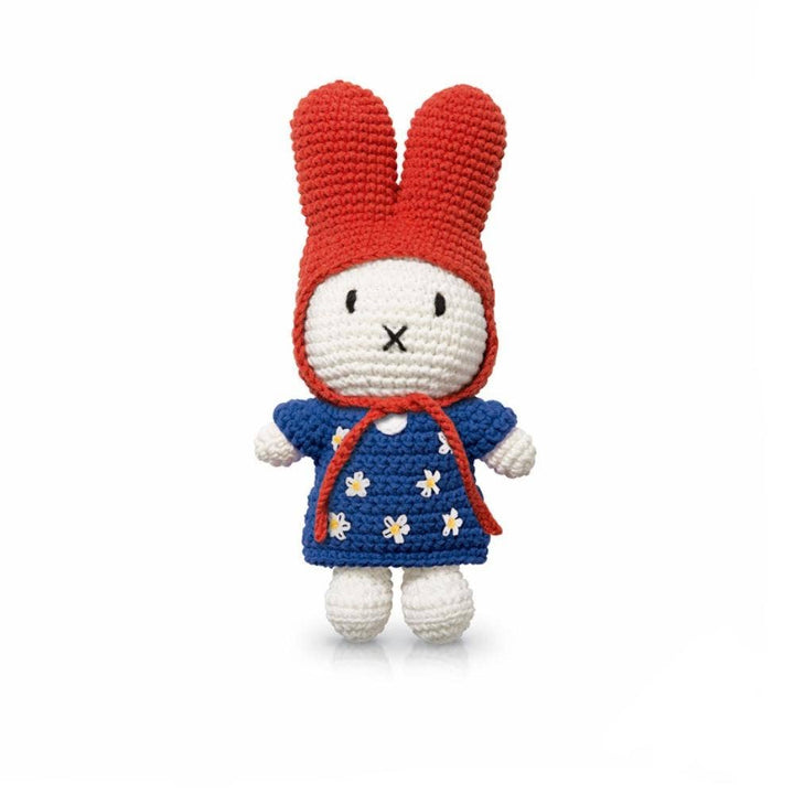 NEW Miffy Handmade Crochet Doll- Red Hat with Blue Floral Dress