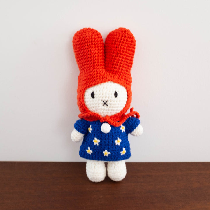 NEW Miffy Handmade Crochet Doll- Red Hat with Blue Floral Dress
