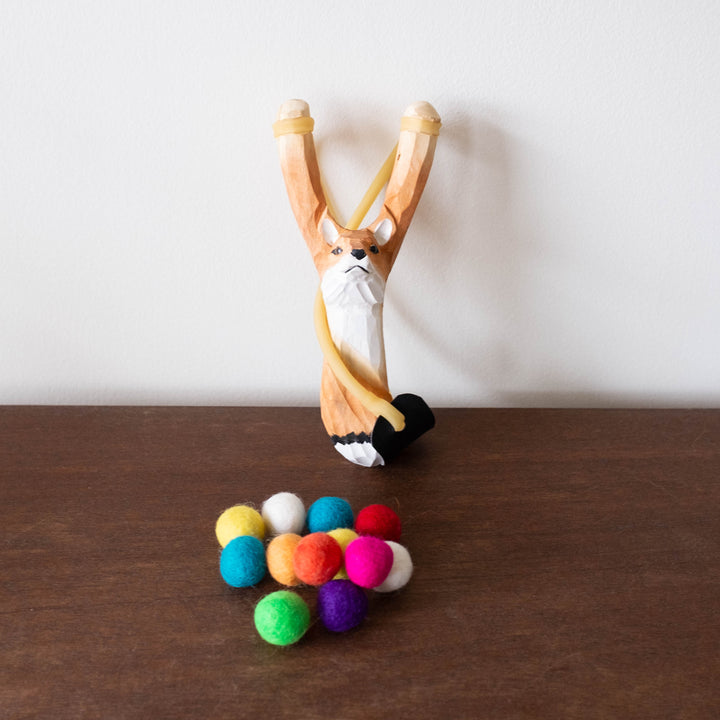 Wooden Slingshot Set- Fox with Felt Balls