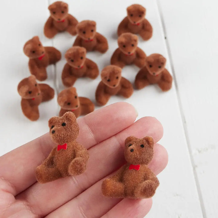 1" Miniature Brown Flocked Bears with Bows