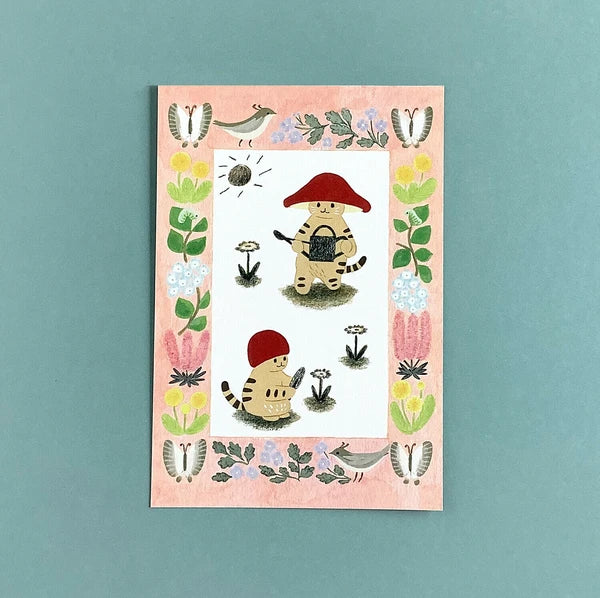 Postcard Spring Mushroom Cat