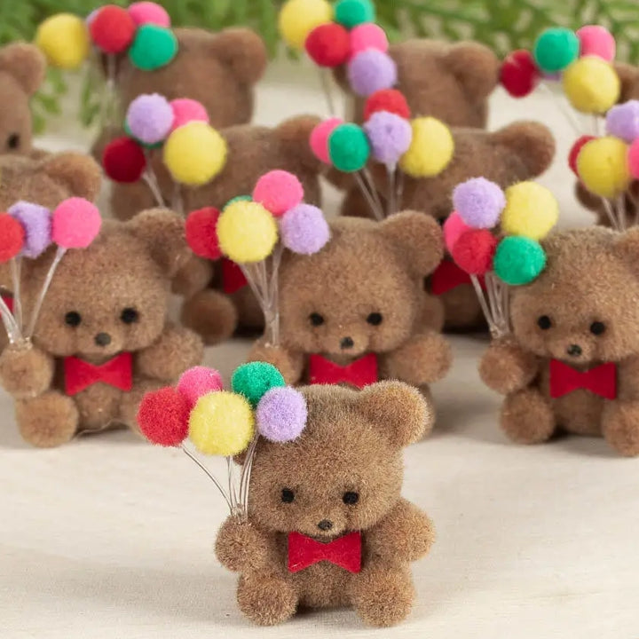 1" Miniature Brown Flocked Bears with Balloons