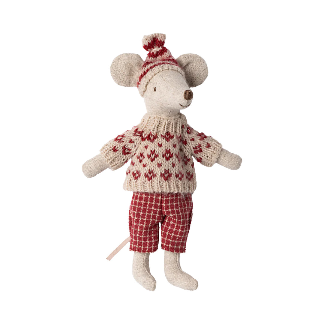 Winter mouse with ski set, Mum - Red