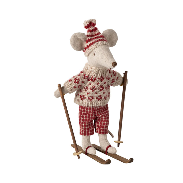 Winter mouse with ski set, Mum - Red