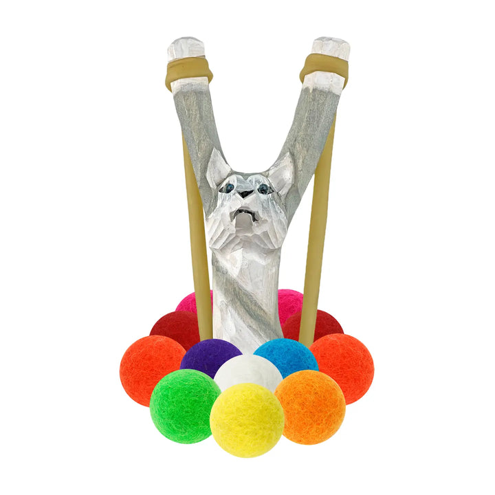 Wooden Slingshot Set- Wolf with Felt Balls