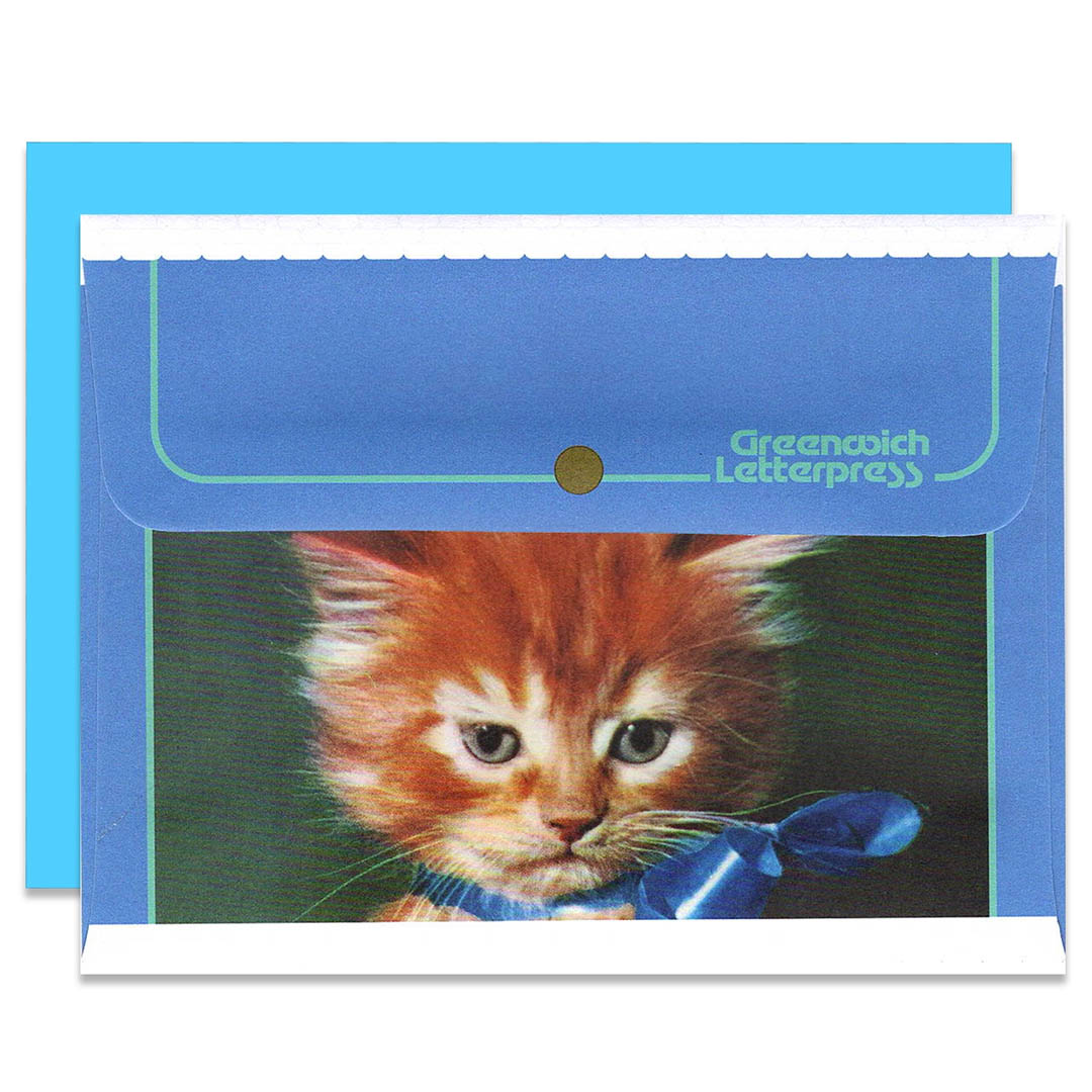 NEW Vintage Kitten with Satin Bow - Blue Cat Envelope & Card Set