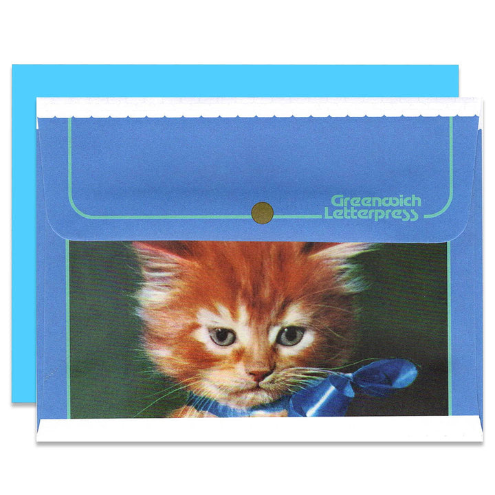 NEW Vintage Kitten with Satin Bow - Blue Cat Envelope & Card Set