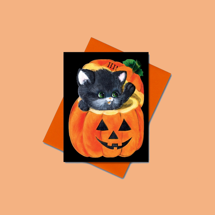 NEW Halloween Greeting Card- Kitten in Pumpkin