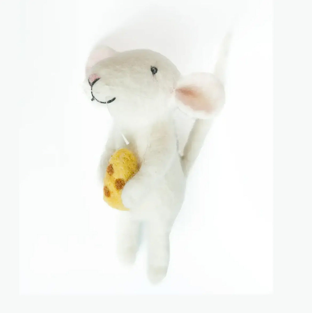 Wool Felt Finger Puppet- White Mouse with Cheese