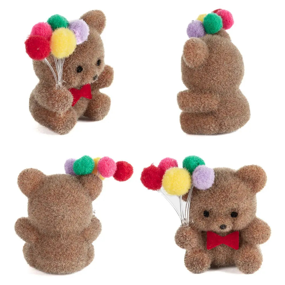 1" Miniature Brown Flocked Bears with Balloons