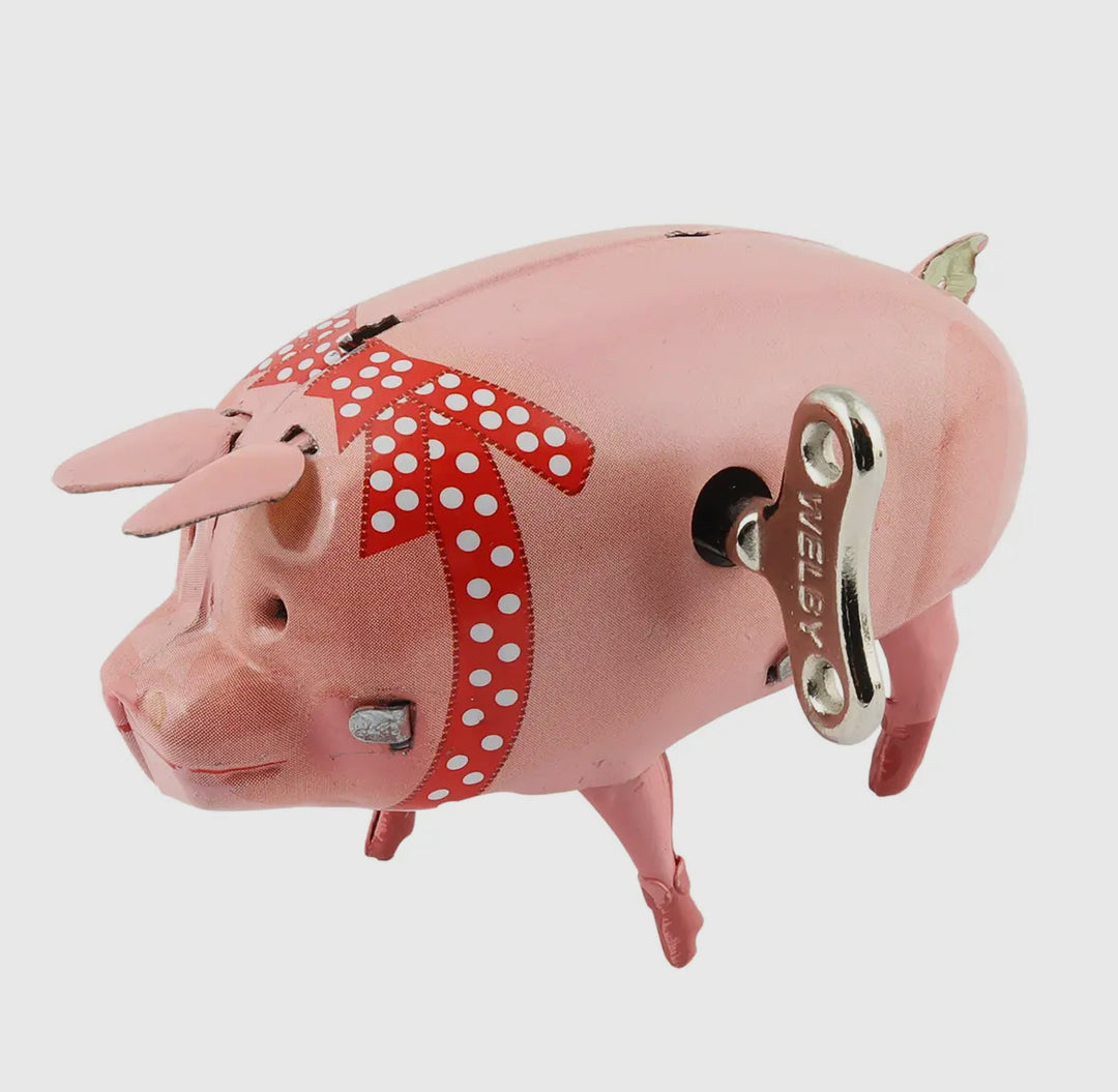 Retro Tin Toy Happy Pig Toy- Red Bow