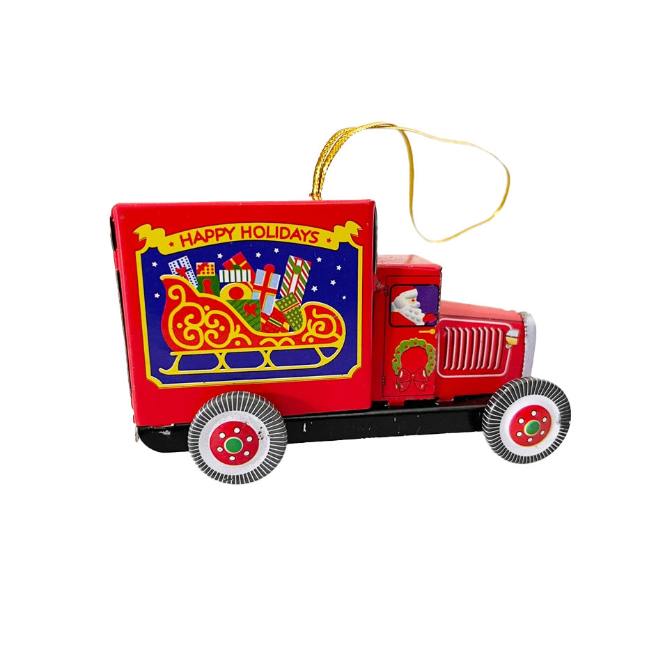 Retro Tin Santa Truck Ornament - Red