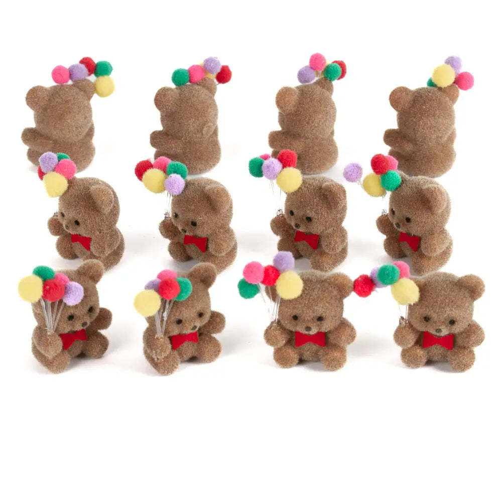 1" Miniature Brown Flocked Bears with Balloons