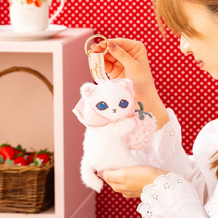 Mofusand Merci Strawberry Plush Keychain - White Cat with Strawberry