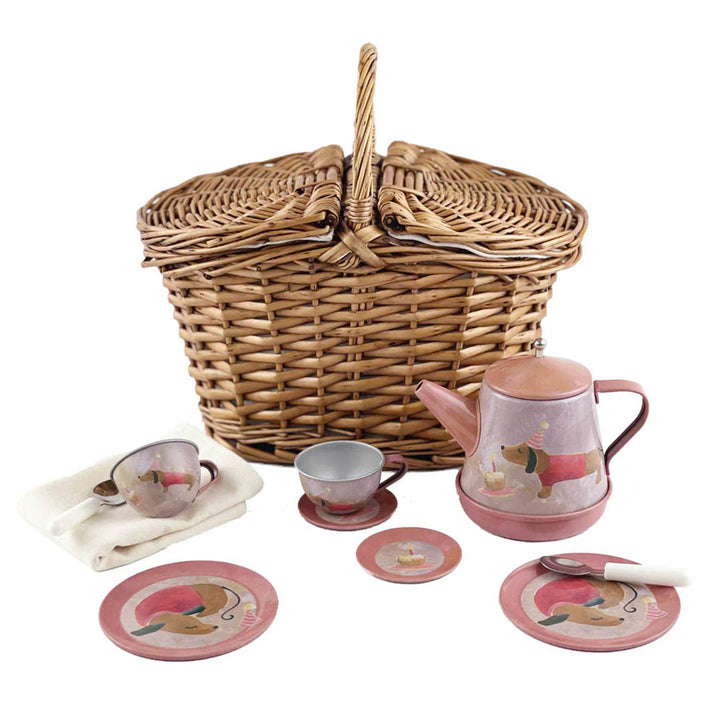 Tin Tea Set Musical Dog In a Basket