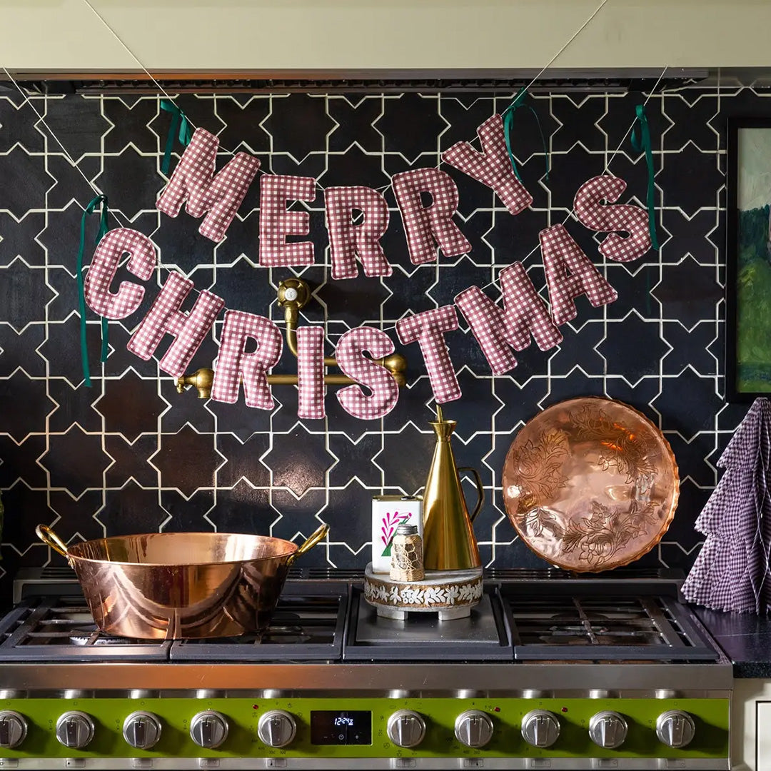 Merry Christmas Gingham Fabric Banner Set