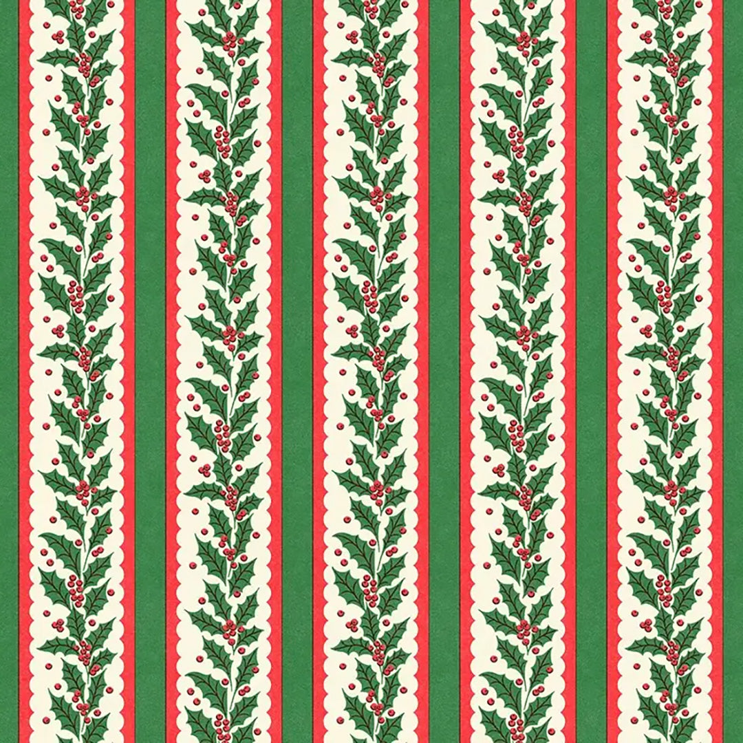 Holly Stripe Wrapping Paper- Roll of 3 Sheets