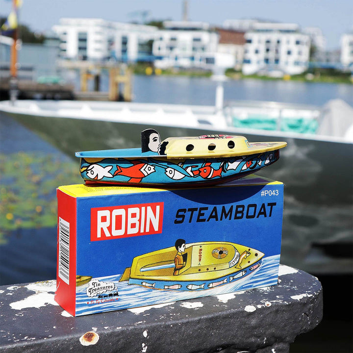 Retro Tin Candle Steam Boat Robin