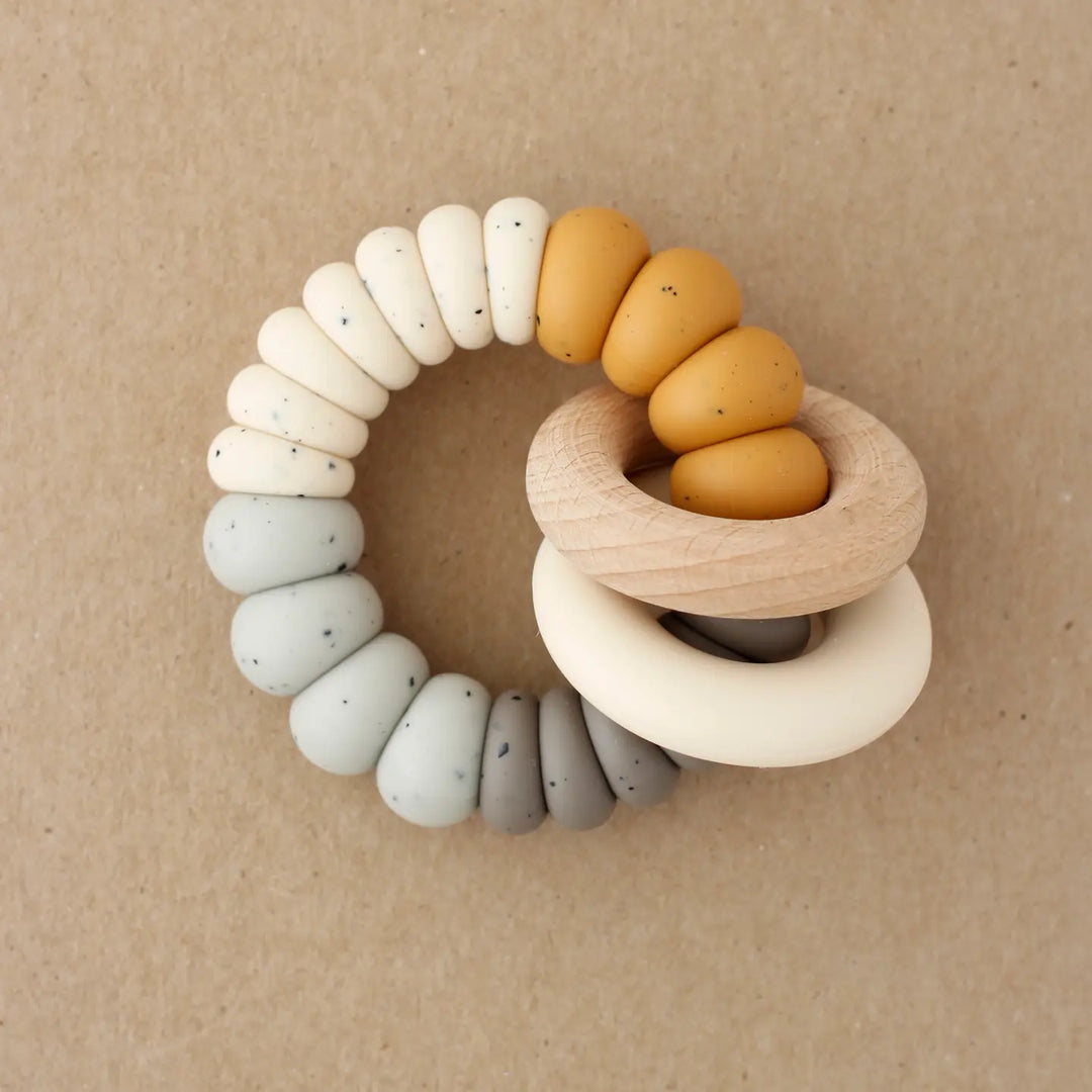 Beaded Silicone and Wood Teether- Multi Color Round Rings