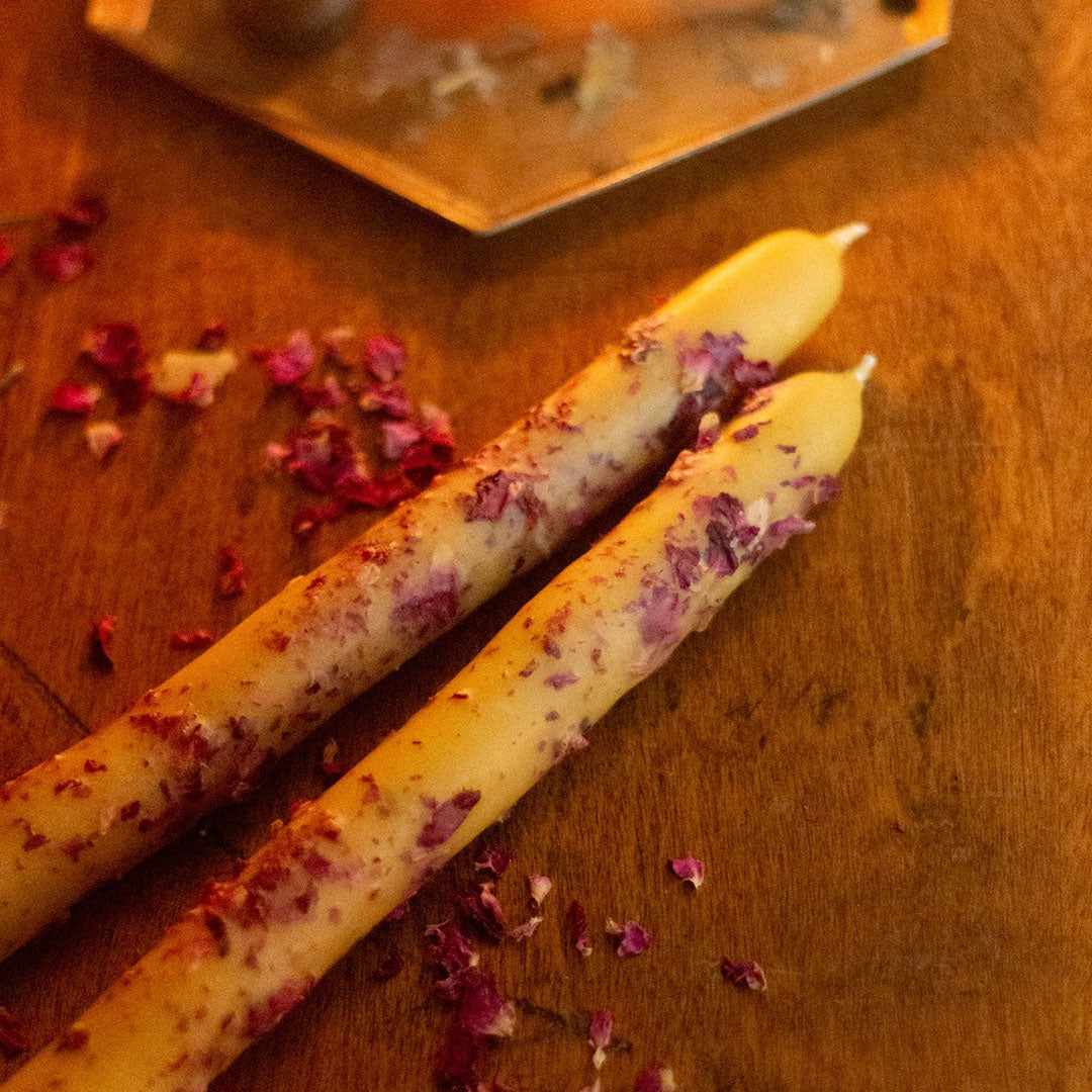 Hand Dipped Beeswax Taper Candle with Rose Petals