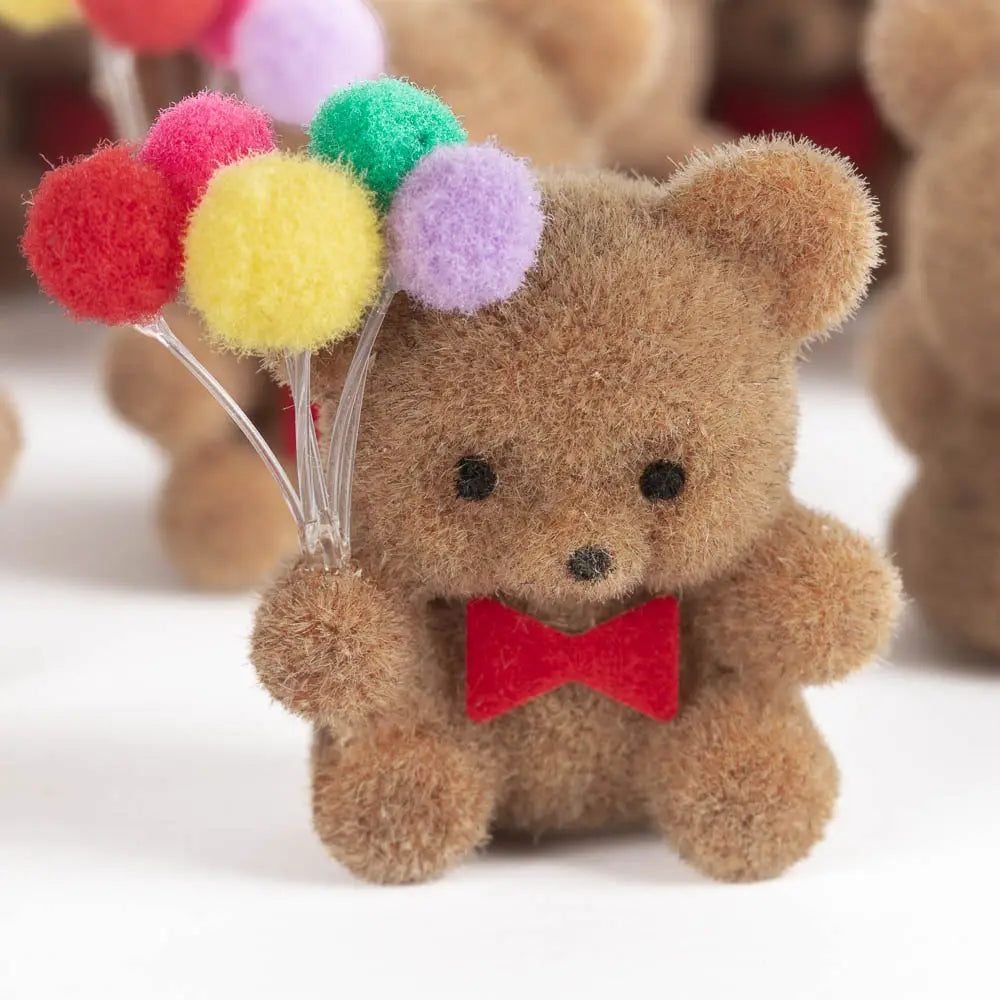 1" Miniature Brown Flocked Bears with Balloons