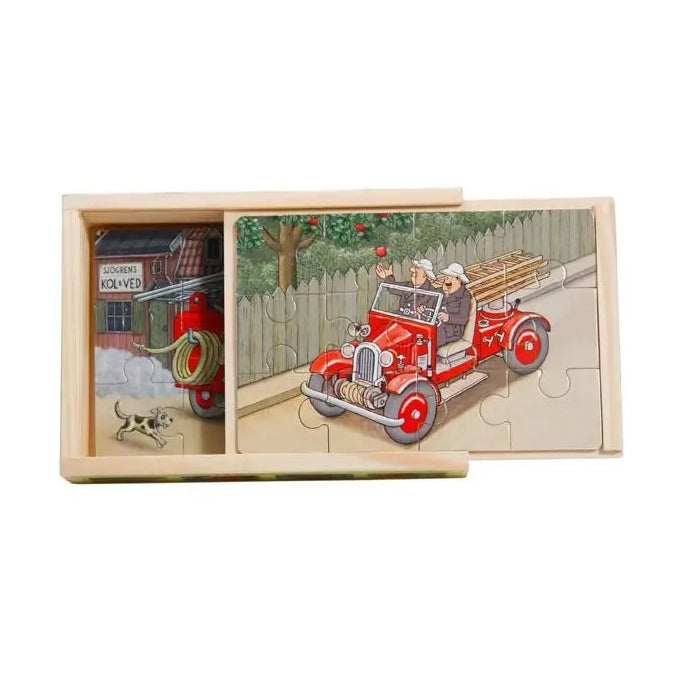 NEW Jan Loof Fire Engine Wooden Puzzle Set with Wooden Box