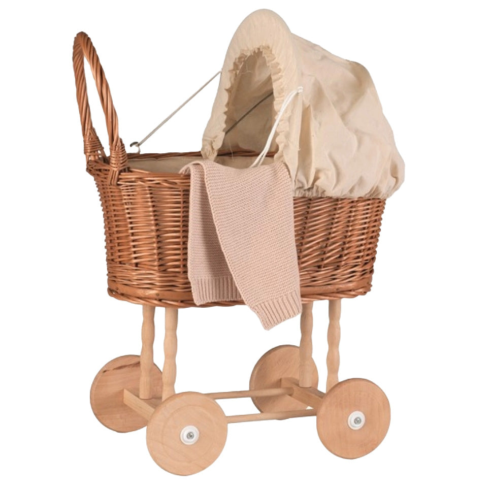 Wicker Pram with Eggshell Knitted Bedding