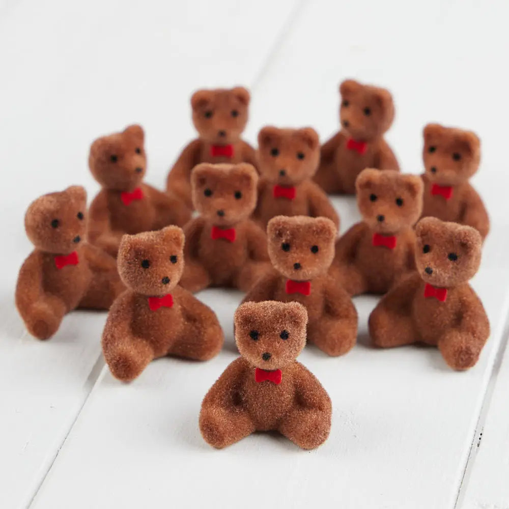 1" Miniature Brown Flocked Bears with Bows