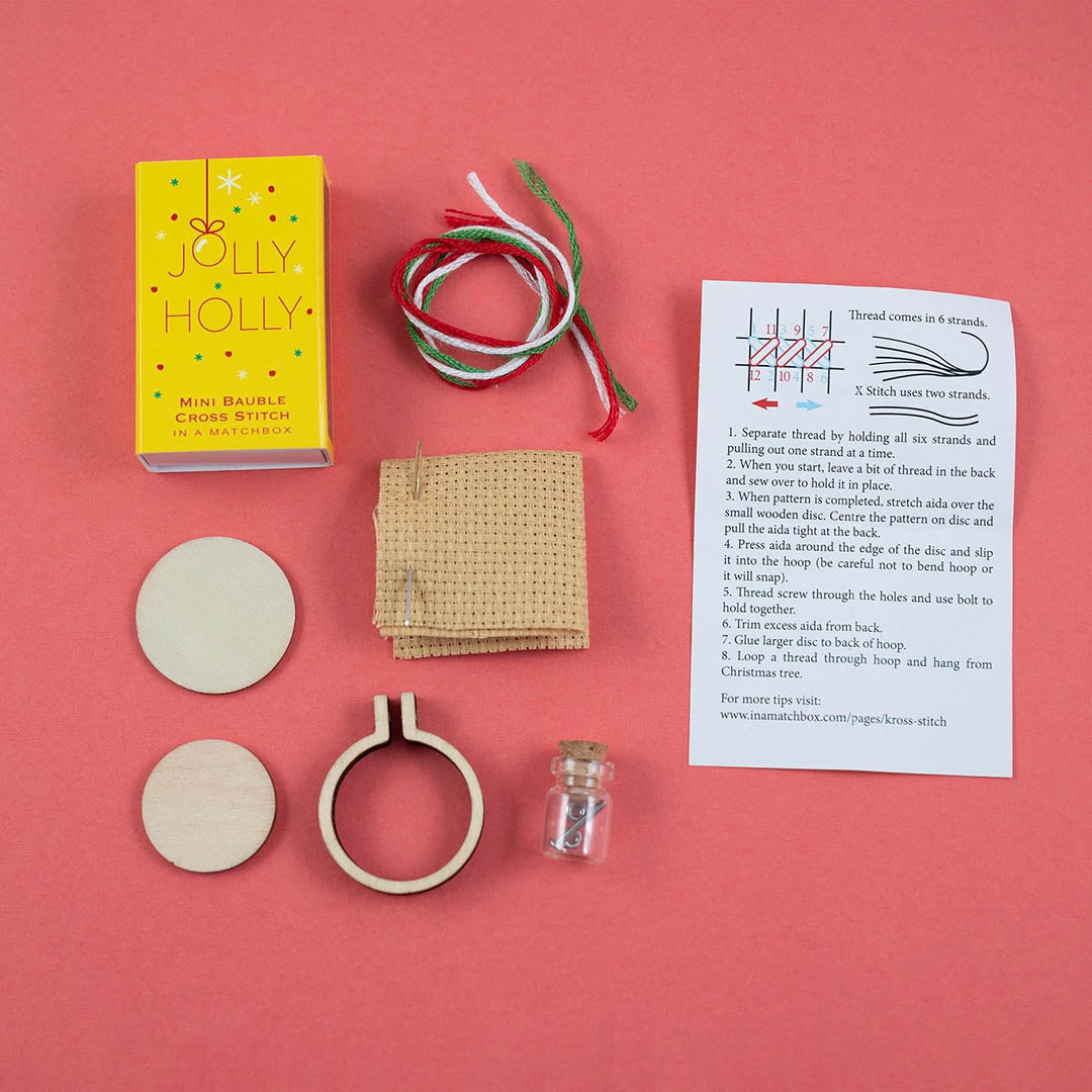 Christmas Bauble Jolly Holly Cross Stitch Hoop In A Matchbox