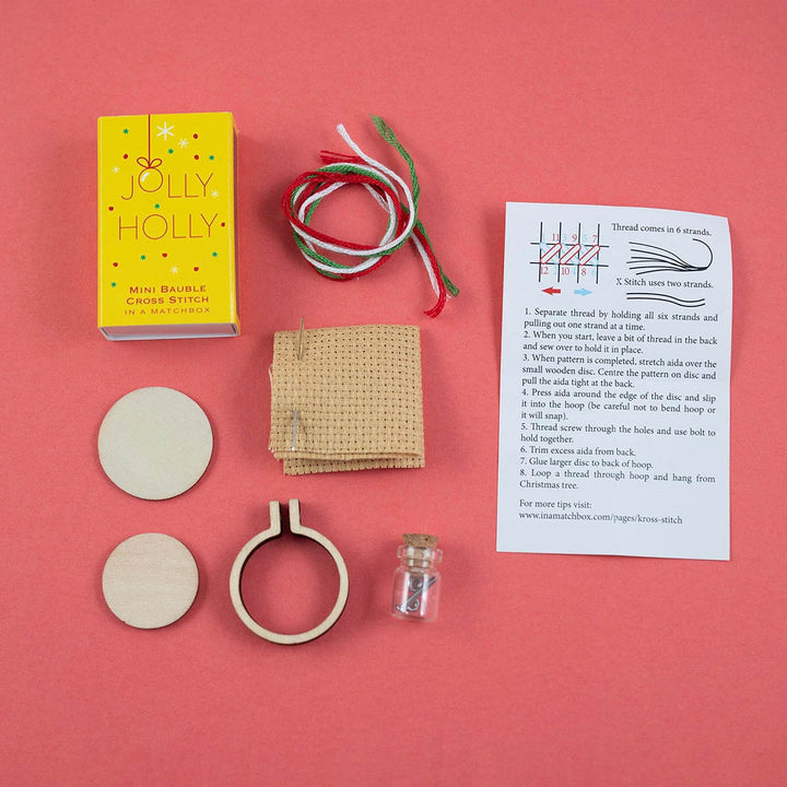 Christmas Bauble Jolly Holly Cross Stitch Hoop In A Matchbox