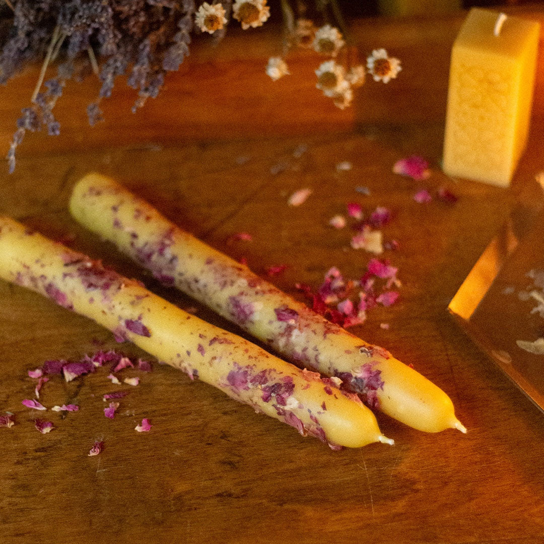 Hand Dipped Beeswax Taper Candle with Rose Petals