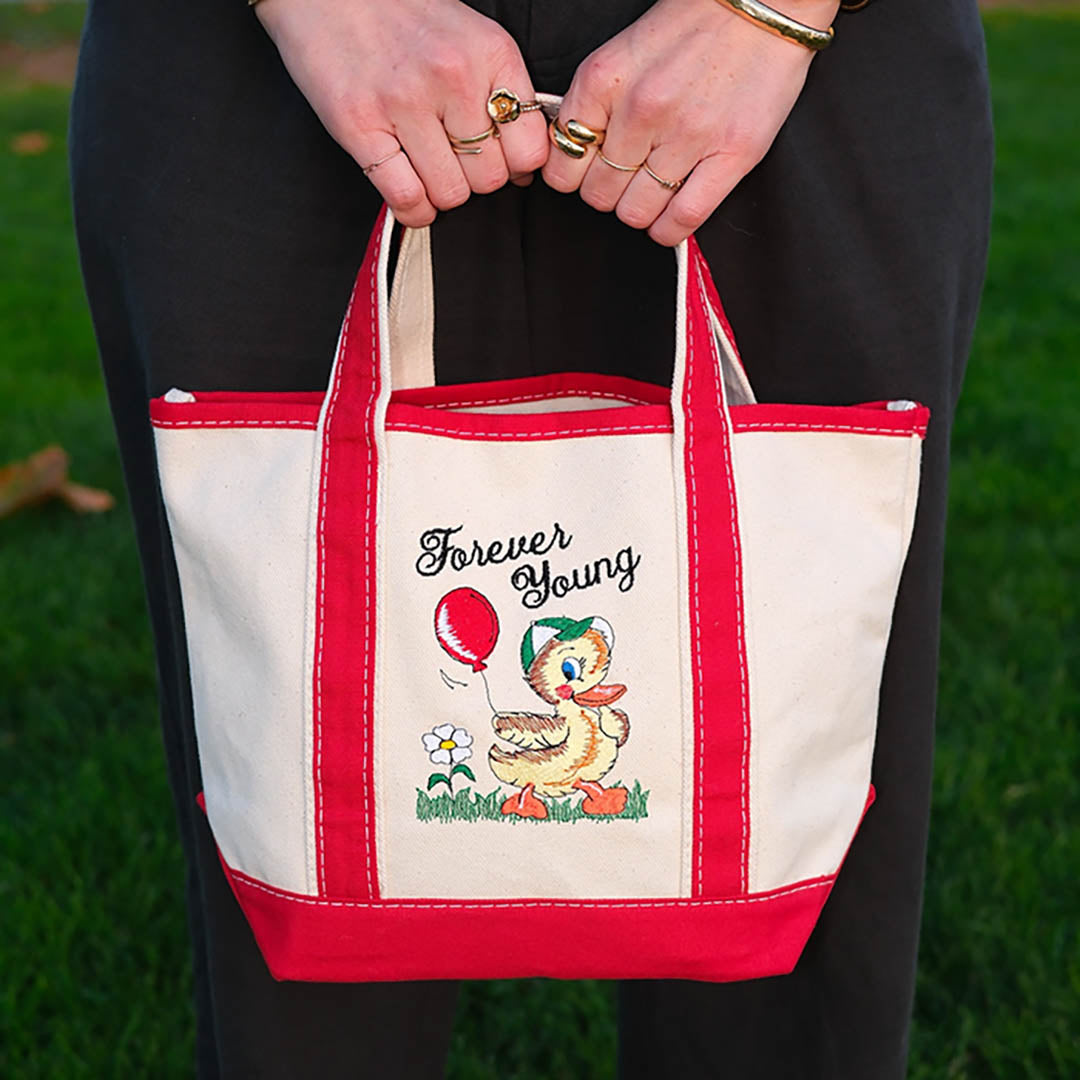 NEW Mini Canvas Tote Bag- Embroidered Forever Young