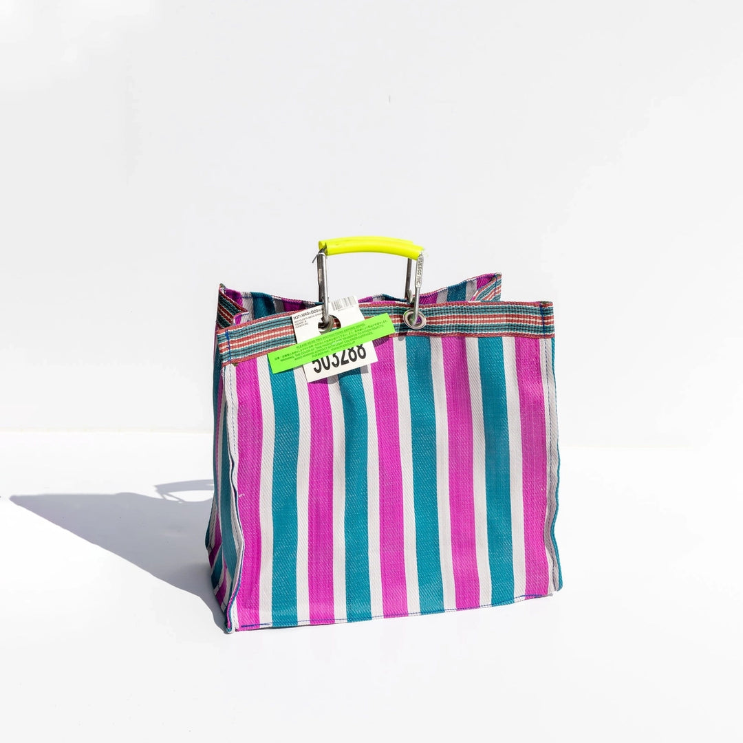 Retro Recycled Stripe Market Bag- Square (Teal Green and Pink)