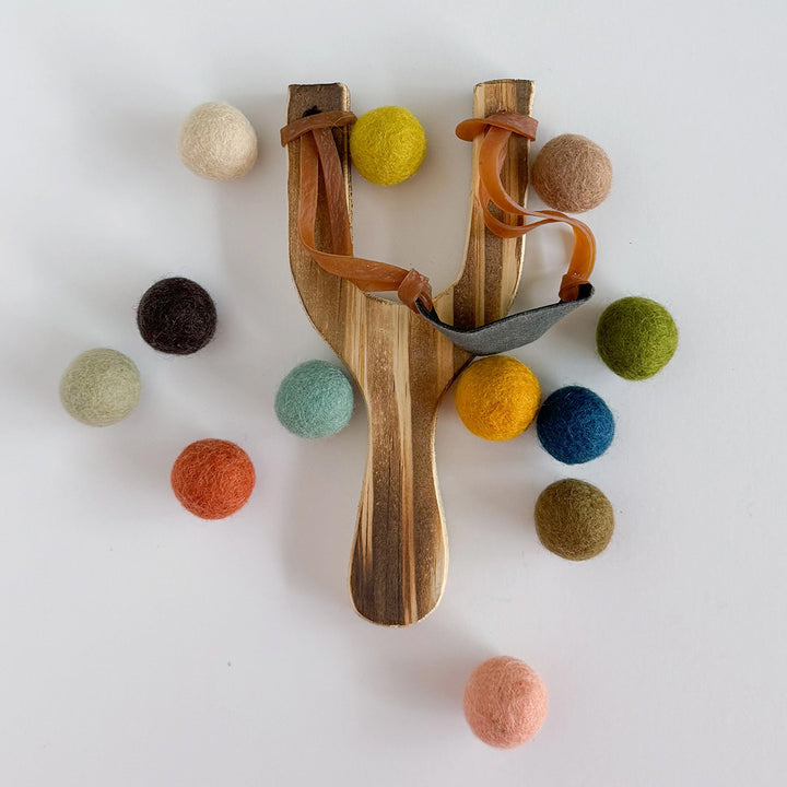 Wood Slingshot with 12 Felt Balls - Muted Rainbow