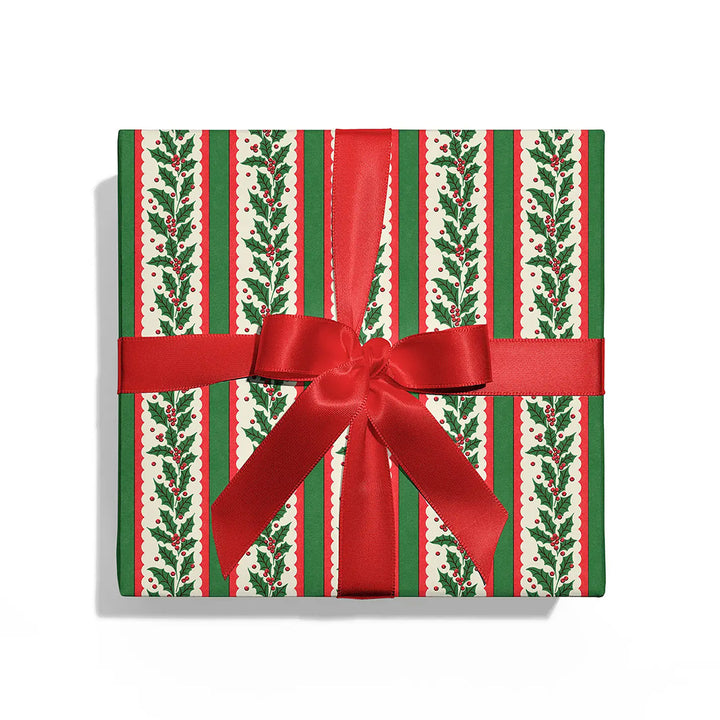 Holly Stripe Wrapping Paper- Roll of 3 Sheets