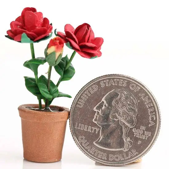 NEW Miniature Pot of Red Rose- 1-5/8"